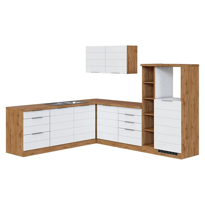 Held Möbel Küchenleerblock Genua Typ 2 - 270 x 240 cm, Weiß, Ohne Elektrogeräte - Moderne Eckküche mit hellem Holzrahmen, weißen Schubladen- und Türfronten, integrierter Spüle und Hochschrank.