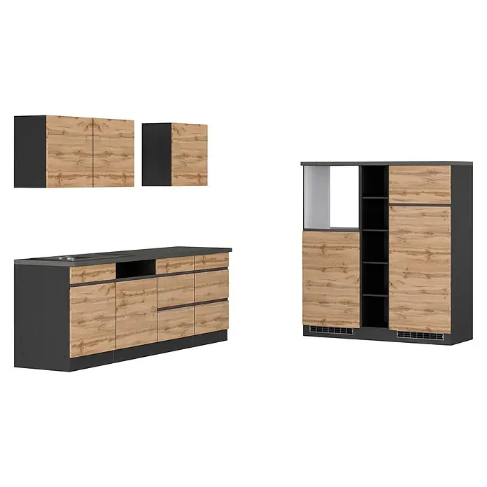 Held Möbel Küchenleerblock Catania Typ 3 - Breite: 390 cm, Eiche, Ohne Elektrogeräte - Moderne Küchenschränke in Dunkelgrau und hellem Holzdekor, mit Unterschränken, Spüle und einem Hochschrank.