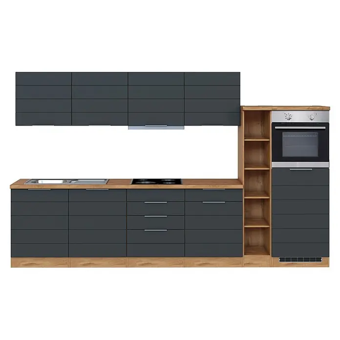 Held Möbel Küchenzeile Genua Typ 4 - Breite: 330 cm, Grau, Mit Elektrogeräten - Moderne dunkelgraue Küchenschränke mit Arbeitsplatten aus Holz, Spüle, Induktionskochfeld und Einbauofen.
