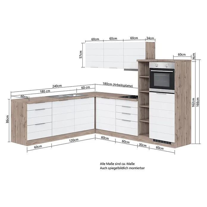 Held Möbel Küchenleerblock Genua Typ 2 - 270 x 240 cm, Grau, Ohne Elektrogeräte - Eckküchenzeile in Holzoptik und Weiß, mit Schränken, Schubladen, Spüle, Kochfeld und Einbaubackofen, bemaßt.
