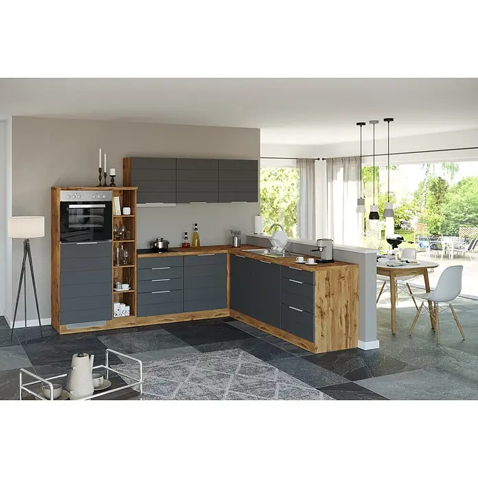 Held Möbel Küchenleerblock Genua Typ 2 - 270 x 240 cm, Grau, Ohne Elektrogeräte - Moderne L-förmige Küche mit dunkelgrauen Schränken, Holzoptikrahmen, Backofen, Spüle und Essbereich, mit grauem Fliesenboden.