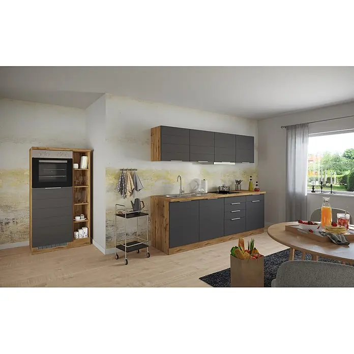 Held Möbel Küchenleerblock Genua Typ 2 - Breite: 330 cm, Grau, Ohne Elektrogeräte - Moderne Küchenzeile mit dunkelgrauen Fronten und heller Holzoptik, integriertem Backofen, Spüle und Kochfeld.