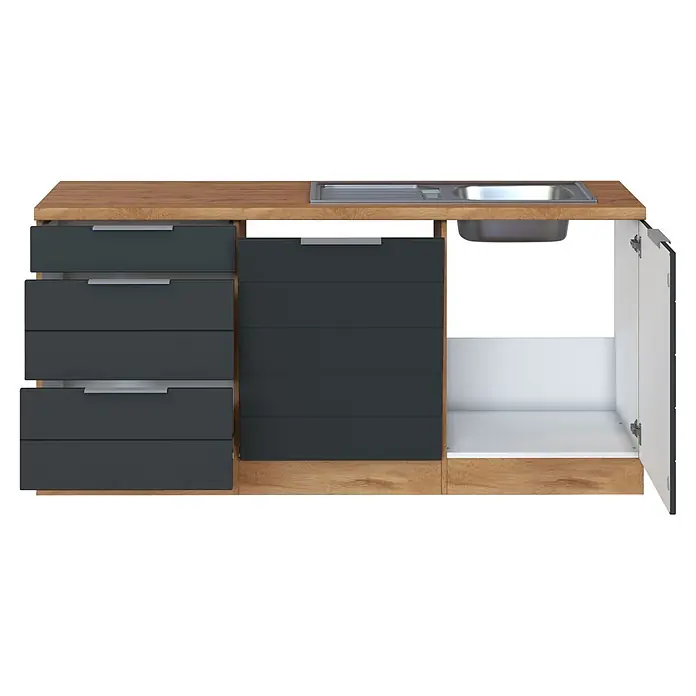 Held Möbel Küchenleerblock Genua Typ 2 - 270 x 240 cm, Grau, Ohne Elektrogeräte - Küchenunterschrank mit Holzarbeitsplatte, Edelstahlspüle, dunkelgrauen Schubladen und offenem weißem Schrank.