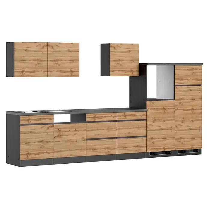 Held Möbel Küchenleerblock Catania Typ 3 - Breite: 360 cm, Eiche, Ohne Elektrogeräte - Moderne Küchenzeile mit hellen Holzfronten, dunkelgrauen Rahmen und passender Arbeitsplatte mit Spüle.