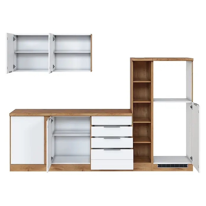 Held Möbel Küchenleerblock Genua Typ 2 - 270 x 240 cm, Weiß, Ohne Elektrogeräte - Modulküchenschränke: weiße Türen und Schubladen, helle Holzrahmen, offene Regale. Inkl. Wand- und Unterschränke.