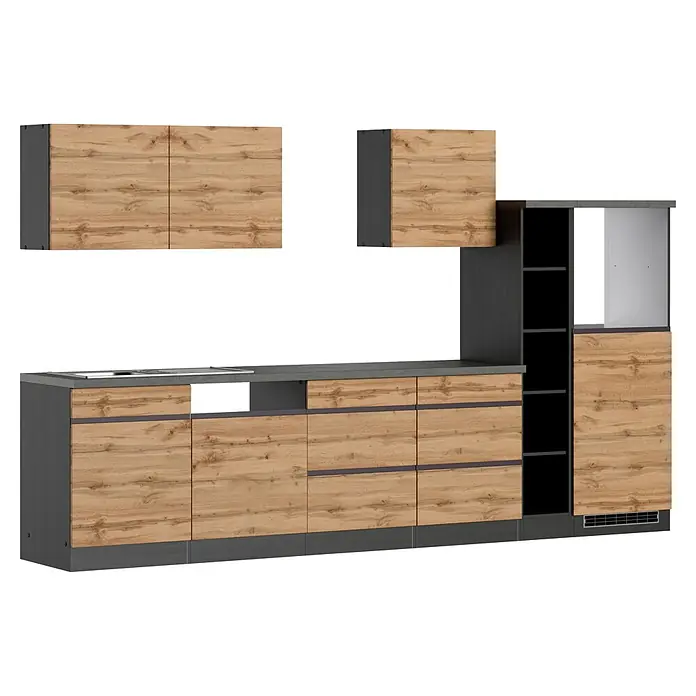 Held Möbel Küchenleerblock Catania Typ 3 - Breite: 330 cm, Eiche, Ohne Elektrogeräte - Moderne Einbauküche mit hellen Holzfronten, dunkelgrauen Elementen, Arbeitsplatte mit Spüle, offenen Regalen und integriertem Geräteraum.