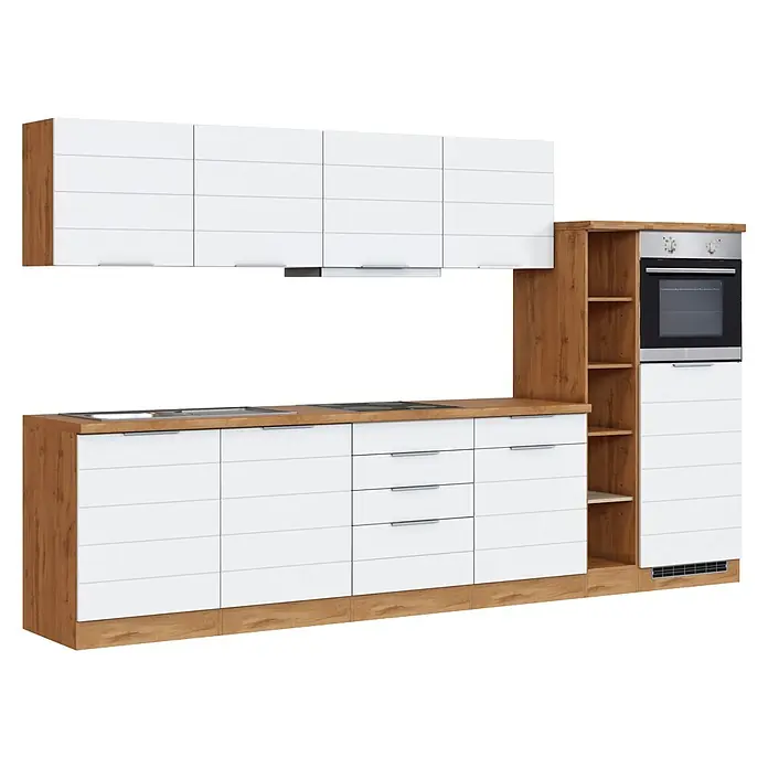 Held Möbel Küchenzeile Genua Typ 3 - Breite: 330 cm, Weiß, Mit Elektrogeräten - Moderne Küchenzeile mit weißen Schränken, Holzoptik-Elementen, integriertem Backofen, Spüle und Kochfeld. Oberschränke und Unterschränke.