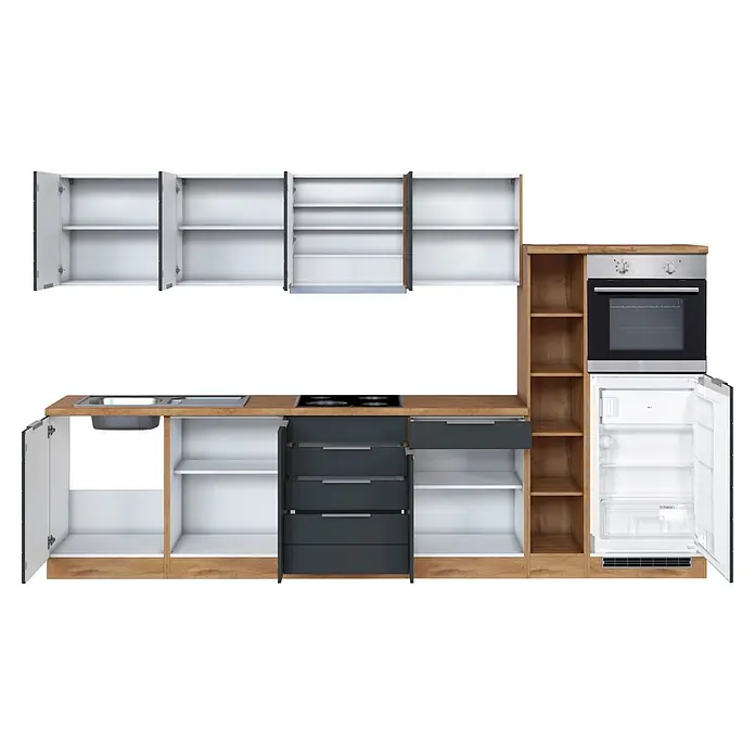 Held Möbel Küchenzeile Genua Typ 4 - Breite: 330 cm, Grau, Mit Elektrogeräten - Moderne modulare Küchenzeile mit heller Holzoptik und dunkelgrauen Elementen, inklusive offener Schränke, Spüle, Kochfeld, Backofen und Kühlschrank.