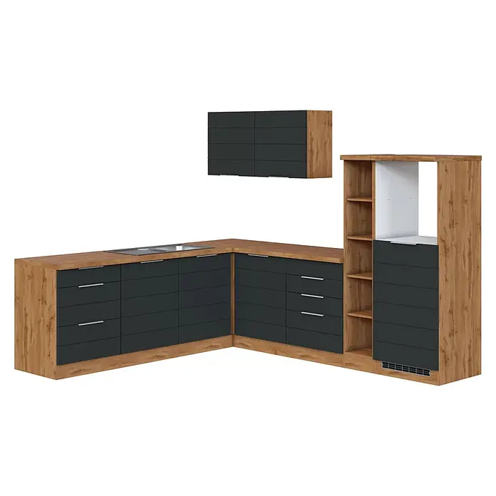 Held Möbel Küchenleerblock Genua Typ 2 - 270 x 240 cm, Grau, Ohne Elektrogeräte - Moderne L-förmige Küchenzeile mit dunkelgrauen Schubladen/Türen, heller Holzmaserung Arbeitsplatte und hohem Schrank.