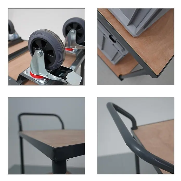 Profi Tischwagen mit 2 Etagen | HxBxT 95x97x50cm | Traglast 400kg | Vollgummibereifung, 2x Lenkrollen mit Feststellbremse & 2x Bockrollen | Grau | Transportwagen Etagenwagen Kommissionierwagen -  - Detaillierte Ansichten eines Servierwagens mit Holzablagen, grauem Metallrahmen, robusten Lenkrollen mit Bremsen und gebogenem Griff.