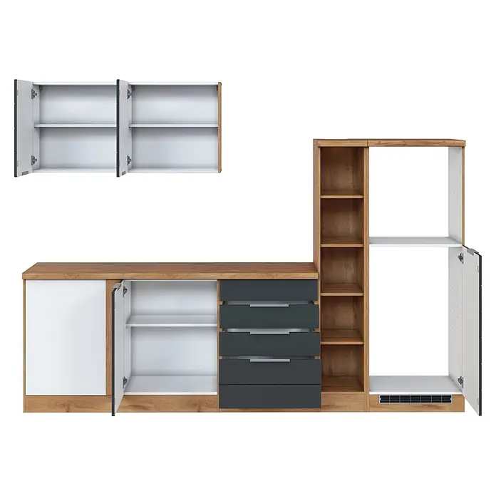 Held Möbel Küchenleerblock Genua Typ 2 - 270 x 240 cm, Grau, Ohne Elektrogeräte - Modernes Küchenmöbelset in hellem Holz, Weiß und Dunkelgrau, mit offenen Schränken, Schubladen und Regalen zur Aufbewahrung.