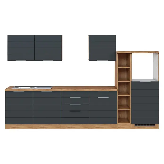Held Möbel Küchenleerblock Genua Typ 2 - Breite: 330 cm, Grau, Ohne Elektrogeräte - Moderne Küchenzeile mit dunkelgrauen Fronten, heller Holz-Arbeitsplatte, Spüle und offenen Regalen.
