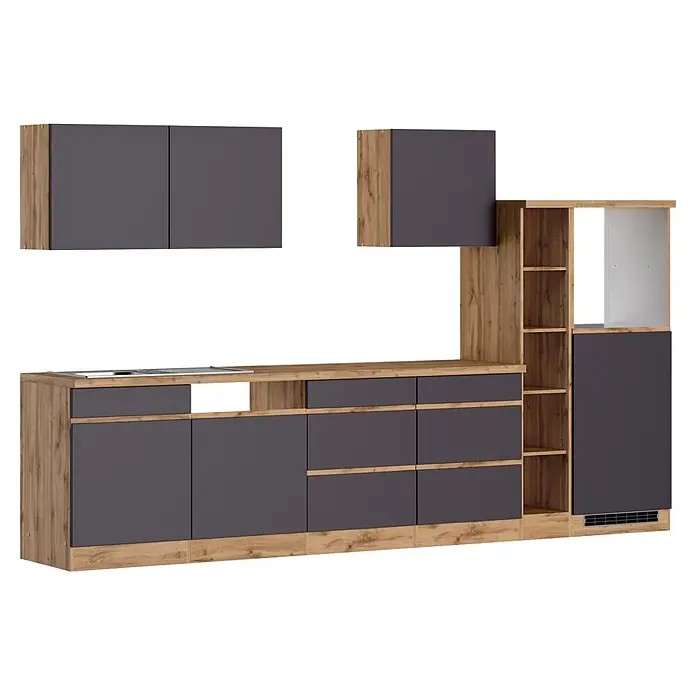 Held Möbel Küchenleerblock Catania Typ 3 - Breite: 330 cm, Graphite, Ohne Elektrogeräte - Moderne Küchenzeile mit grauen Türen und Schubladen, hellem Holz-Effektrahmen und Arbeitsplatte mit integrierter Spüle.
