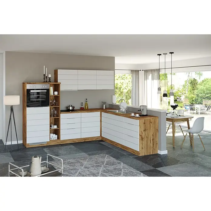 Held Möbel Küchenleerblock Genua Typ 2 - 270 x 240 cm, Weiß, Ohne Elektrogeräte - Moderne Küche mit weißen Schränken und hellen Holzelementen, inklusive integriertem Backofen, Kochfeld und Spüle.