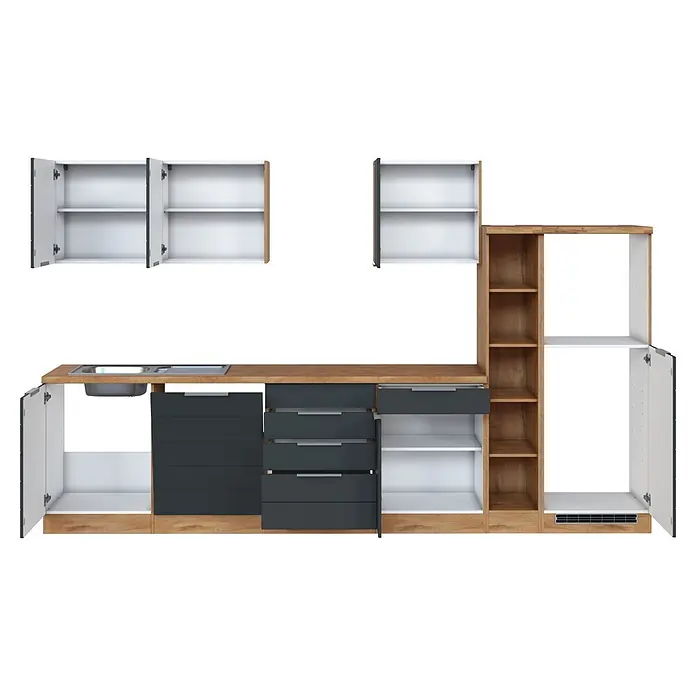 Held Möbel Küchenleerblock Genua Typ 2 - Breite: 330 cm, Grau, Ohne Elektrogeräte - Modulare Küchenzeile mit hellen Holz-, dunkelgrauen und weißen Elementen, inklusive Spüle, Schubladen und offenen Regalen.