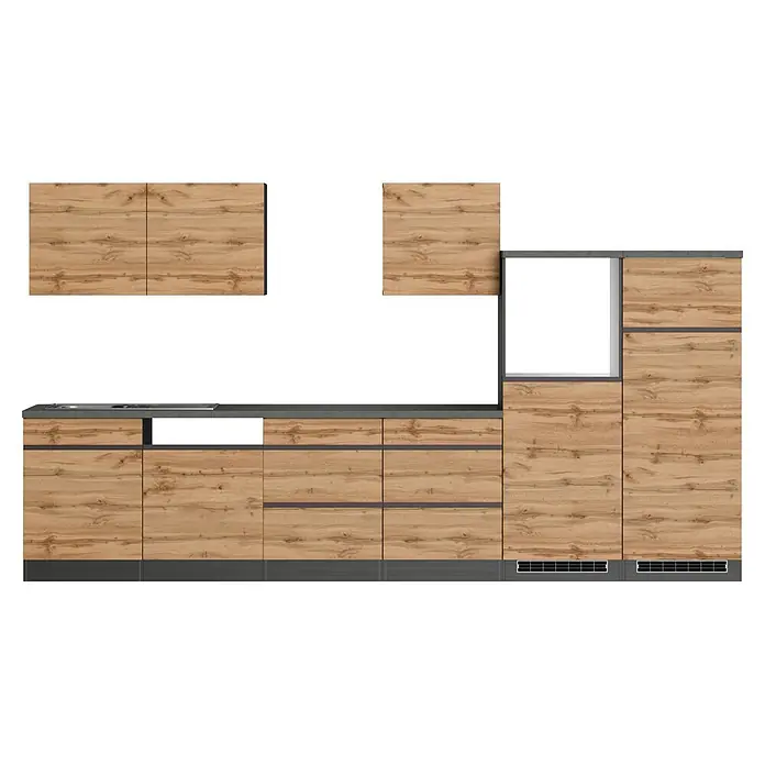 Held Möbel Küchenleerblock Catania Typ 3 - Breite: 360 cm, Eiche, Ohne Elektrogeräte - Modernes Küchenschranksystem mit hellen Holzfronten und dunkelgrauen Arbeitsplatten, Spüle, Kochfeld und Hochschrank.