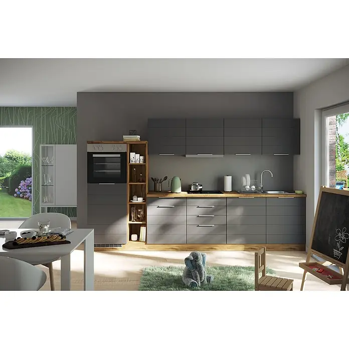 Held Möbel Küchenleerblock Genua Typ 2 - Breite: 330 cm, Grau, Ohne Elektrogeräte - Moderne Küche mit dunkelgrauen Schränken, Arbeitsplatten in Holzoptik und integrierten Geräten. Umfasst einen Essbereich für zeitgemäßes Design und Funktionalität.