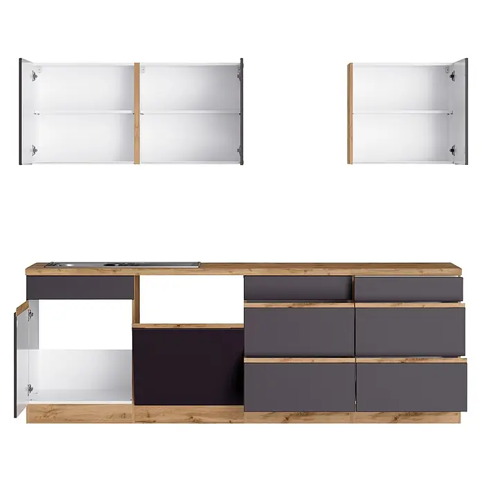Held Möbel Küchenleerblock Catania Typ 3 - Breite: 390 cm, Graphite, Ohne Elektrogeräte - Modernes Küchenschrank-Set mit grauen Türen, Holzoptik-Arbeitsplatten, Spüle, Kochfeld und zwei offenen Oberschränken.