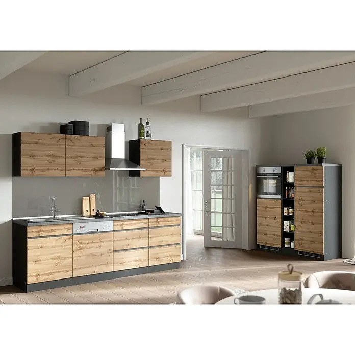 Held Möbel Küchenleerblock Catania Typ 3 - Breite: 390 cm, Eiche, Ohne Elektrogeräte - Moderne Küche mit Holzoptik-Schränken, dunkelgrauen Arbeitsplatten und integrierten Geräten.