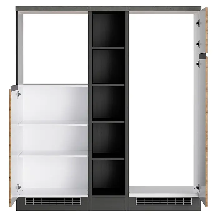 Held Möbel Küchenleerblock Catania Typ 3 - Breite: 390 cm, Eiche, Ohne Elektrogeräte - Offener Kleiderschrank mit grauem Rahmen, weißen und dunkelgrauen Regalböden, hellen Holztürkanten und Lüftungsschlitzen unten.
