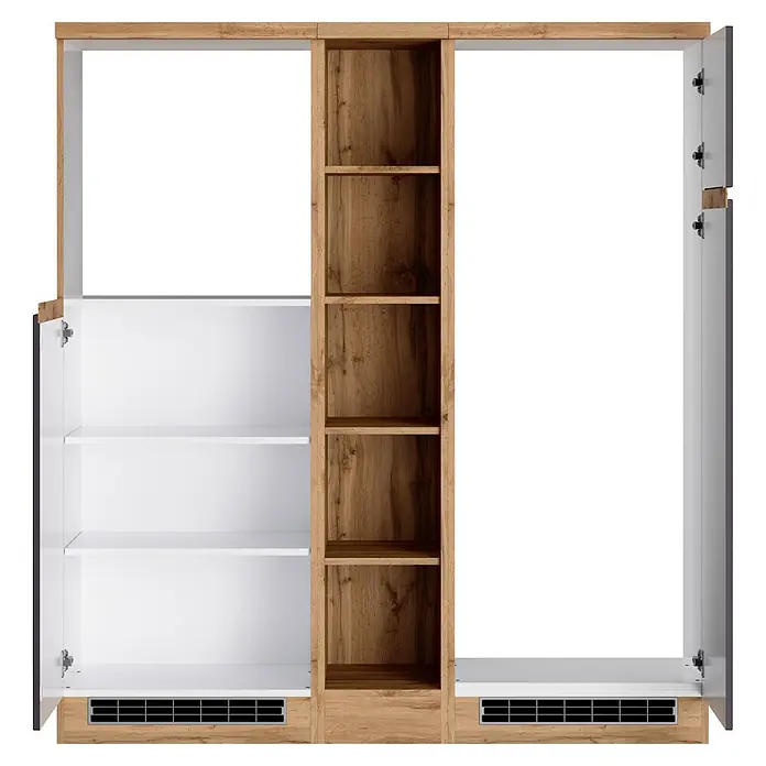 Held Möbel Küchenleerblock Catania Typ 3 - Breite: 390 cm, Graphite, Ohne Elektrogeräte - Offener Kleiderschrank in heller Holz- und Weißoptik, mit Fächern und Lüftungsgittern.