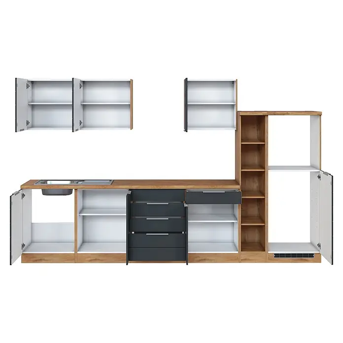 Held Möbel Küchenleerblock Genua Typ 2 - Breite: 330 cm, Grau, Ohne Elektrogeräte - Modulare Küchenzeile mit Holzoptik, weißen und dunkelgrauen Schränken, Spüle, Schubladen, Regalen und Gerätefach.