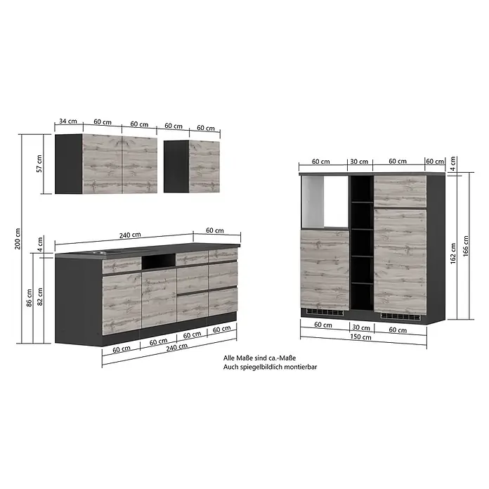Held Möbel Küchenleerblock Catania Typ 3 - Breite: 390 cm, Eiche, Ohne Elektrogeräte - Modulare Küchenzeile: helles Holzdekor und dunkelgraue Unter-, Ober- und Hochschränke mit Maßen.
