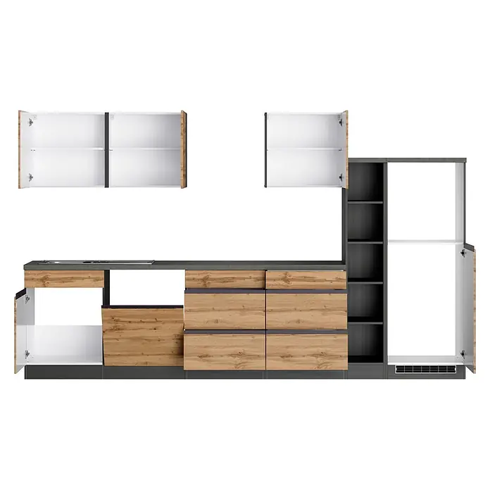 Held Möbel Küchenleerblock Catania Typ 3 - Breite: 330 cm, Eiche, Ohne Elektrogeräte - Moderne Küchenzeile in hellem Holz und Dunkelgrau, mit offenen Türen und Schubladen, die weiße Innenräume und Regale zeigen.