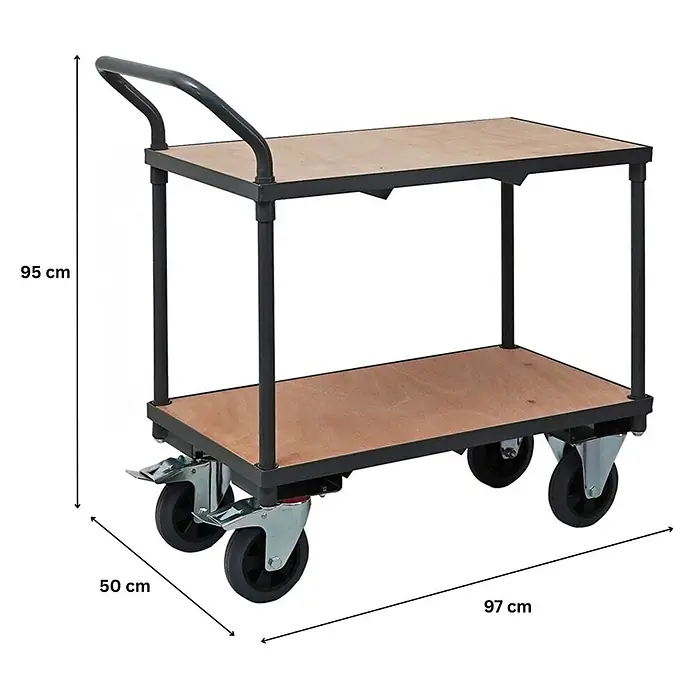 Profi Tischwagen mit 2 Etagen | HxBxT 95x97x50cm | Traglast 400kg | Vollgummibereifung, 2x Lenkrollen mit Feststellbremse & 2x Bockrollen | Grau | Transportwagen Etagenwagen Kommissionierwagen -  - Zweistöckiger Transportwagen aus schwarzem Metall mit Holzablagen und Griff, auf Rollen. 95x97x50 cm.