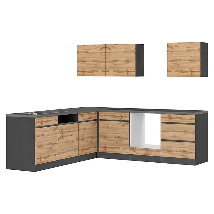 Held Möbel Küchenleerblock Catania Typ 3 - 240 x 240 cm, Eiche, Ohne Elektrogeräte - L-förmige Küchenunterschränke in heller Holzoptik und Dunkelgrau mit Spüle und Gerätenische. Dazu passende Hängeschränke.