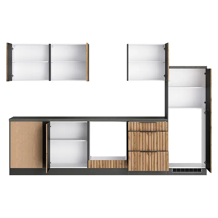 Held Möbel Küchenleerblock Bologna Typ 3 - 300 x 240 cm, Eiche, Ohne Elektrogeräte - Modulare Küchenzeile mit dunkelgrauen Arbeitsplatten und Basis, hellen Holzfronten und Lamellenschubladen, teilweise geöffnet mit weißen Regalen.