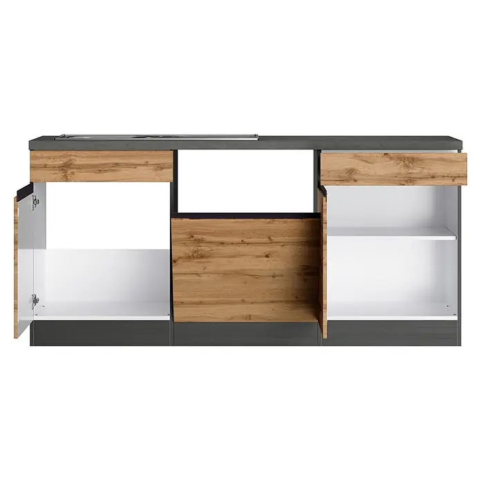 Held Möbel Küchenleerblock Catania Typ 3 - 240 x 240 cm, Eiche, Ohne Elektrogeräte - Offener Küchenunterschrank mit hellen Holzfronten, weißen Innenböden und einer dunkelgrauen Arbeitsplatte.