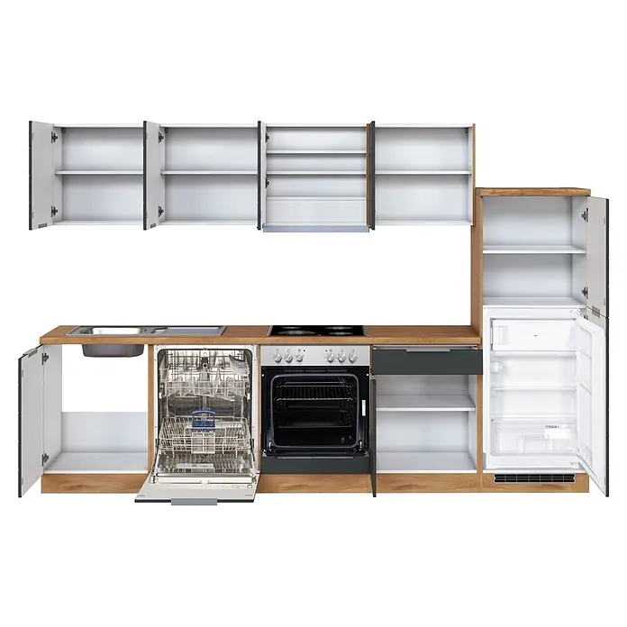 Held Möbel Küchenzeile Genua Typ 1 - Breite: 300 cm, Grau, Mit Elektrogeräten - Komplette Küchenzeile in heller Holzoptik und Dunkelgrau, mit offenen Schränken, Spüle, Kochfeld, Backofen, Geschirrspüler und Einbaukühlschrank.
