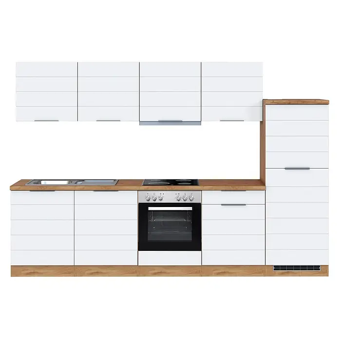 Held Möbel Küchenzeile Genua Typ 1 - Breite: 300 cm, Weiß, Mit Elektrogeräten - Moderne weiße Küchenzeile mit Arbeitsplatte und Sockel aus Holz, inklusive Spüle, Kochfeld, integriertem Ofen und viel Stauraum.