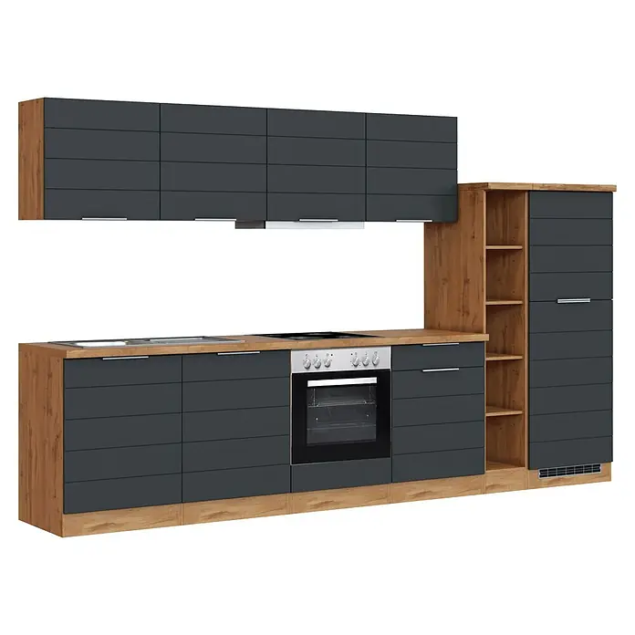 Held Möbel Küchenzeile Genua Typ 1 - Breite: 330 cm, Grau, Mit Elektrogeräten - Moderne Küchenzeile mit dunkelgrauen Schränken, heller Holzoptik, integriertem Backofen, Spüle, Kochfeld und hohem Stauraum.