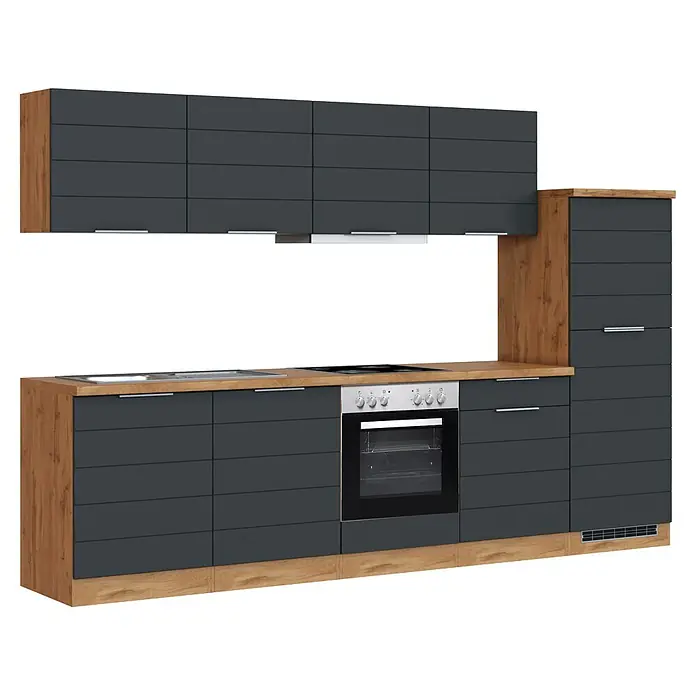 Held Möbel Küchenzeile Genua Typ 1 - Breite: 300 cm, Grau, Mit Elektrogeräten - Moderne Küchenzeile in Dunkelgrau und Holz mit Spüle, Kochfeld und Backofen.