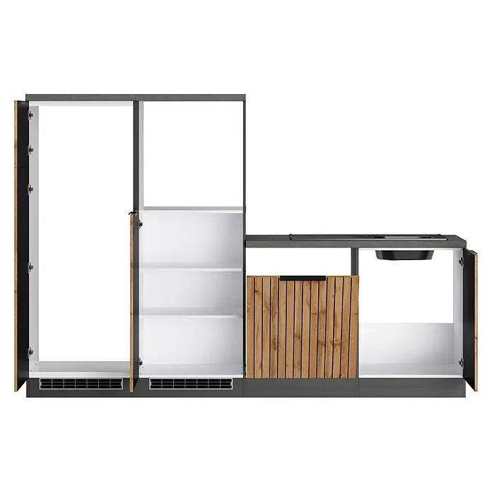 Held Möbel Küchenleerblock Bologna Typ 2 - 300 x 240 cm, Eiche, Ohne Elektrogeräte - Kompakte Küchenzeile mit offenen Schränken, dunkler Arbeitsplatte, Spüle und Holzlamellenfront.