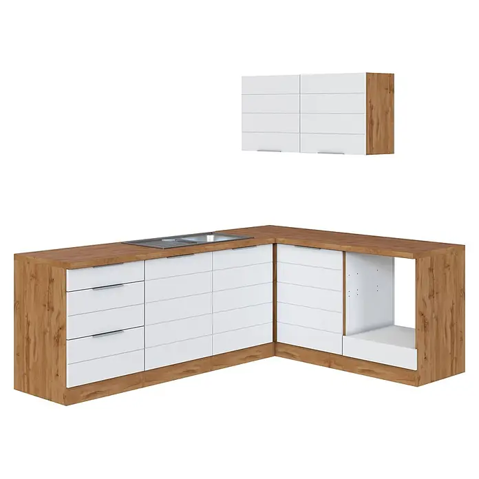 Held Möbel Küchenleerblock Genua Typ 1 - 240 x 180 cm, Weiß, Ohne Elektrogeräte - L-förmige Küchenzeile mit heller Holzarbeitsplatte und weißen Unterschränken mit Spüle, dazu ein passender Hängeschrank.