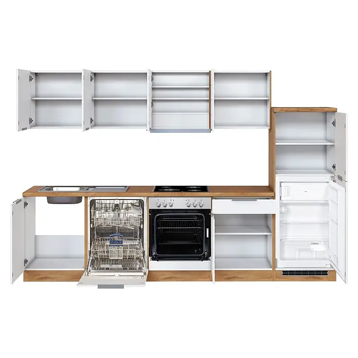 Held Möbel Küchenzeile Genua Typ 1 - Breite: 300 cm, Weiß, Mit Elektrogeräten - Modulare Küchenzeile mit weißen Schränken und hellen Holzdetails, inklusive Spüle, Geschirrspüler, Backofen, Kochfeld und Kühlschrank. Türen und Geräte sind offen.