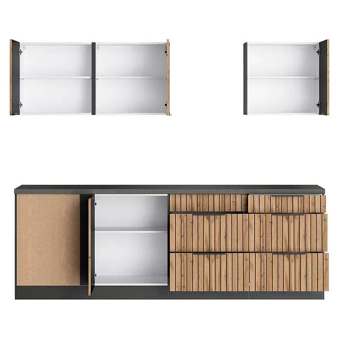 Held Möbel Küchenleerblock Bologna Typ 2 - 300 x 240 cm, Eiche, Ohne Elektrogeräte - Moderne Küchenschränke aus hellem Holz und Dunkelgrau, mit weißen Innenräumen, offenen Türen und Schubladen.