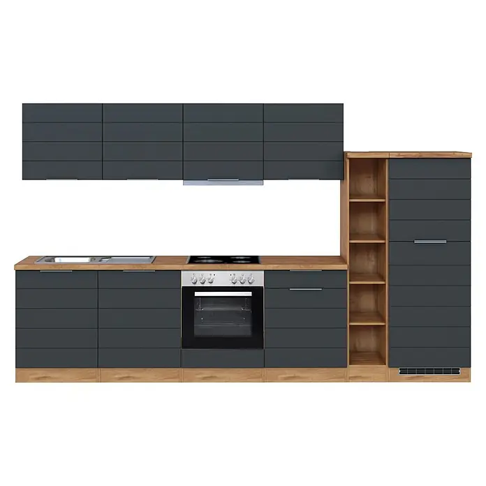 Held Möbel Küchenzeile Genua Typ 1 - Breite: 330 cm, Grau, Mit Elektrogeräten - Moderne dunkelgraue Küchenzeile mit Holzplatte, integriertem Backofen, Kochfeld, Spüle und hohem Stauraumschrank mit offenen Regalen.
