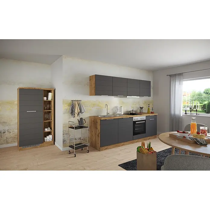 Held Möbel Küchenleerblock Genua Typ 2 - Breite: 330 cm, Grau, Ohne Elektrogeräte - Moderne Küche mit dunkelgrauen Schränken und Holzoptik-Akzenten, inklusive Hochschrank und integrierten Geräten.