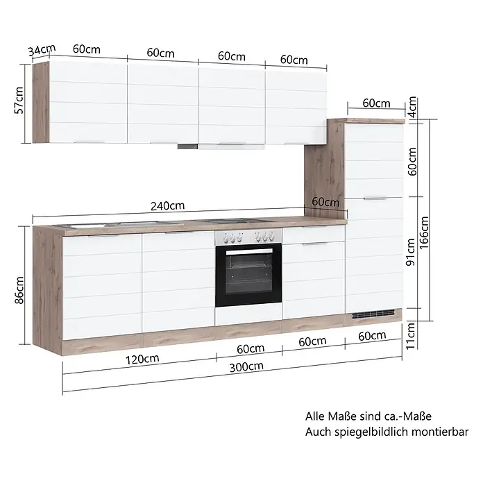 Held Möbel Küchenleerblock Genua Typ 3 - Breite: 300 cm, Weiß, Ohne Elektrogeräte - Weiße Küche mit Holzoptik-Arbeitsplatte, Ober- und Unterschränken, Ofen und Hochschrank. Gesamtbreite 300cm, Arbeitsplattenhöhe 86cm.