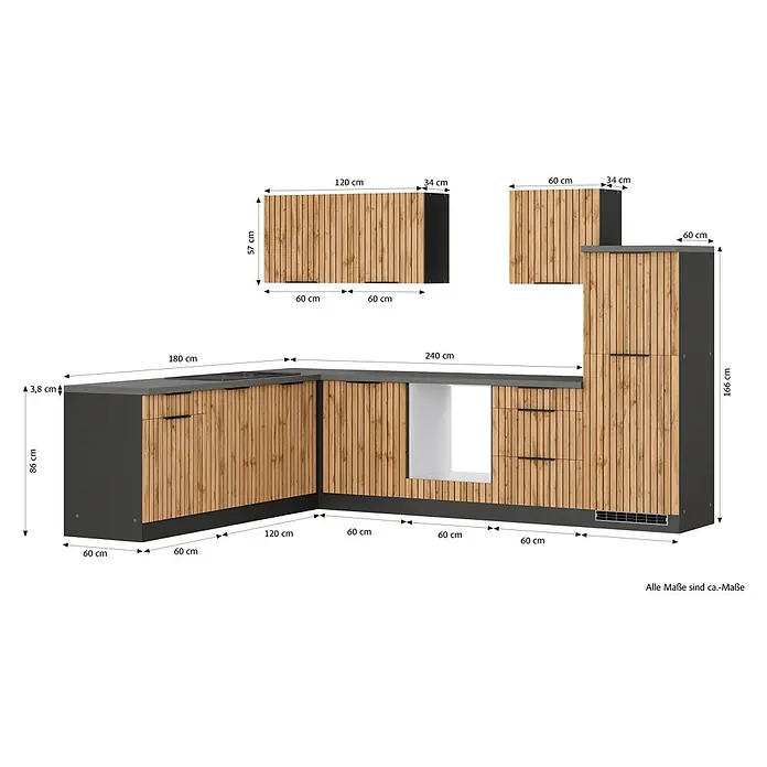 Held Möbel Küchenleerblock Bologna Typ 4 - 300 x 240 cm, Eiche, Ohne Elektrogeräte - Eckküche in L-Form mit dunkelgrauem Unterschrank und Arbeitsplatte, Holztüren im Lamellendesign und Geräteöffnung.