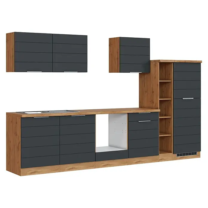 Held Möbel Küchenleerblock Genua Typ 2 - Breite: 330 cm, Grau, Ohne Elektrogeräte - Modularküche mit dunkelgrauen Fronten und hellem Holzdekor, ausgestattet mit Spüle, Hängeschränken und hohem Stauraumschrank.