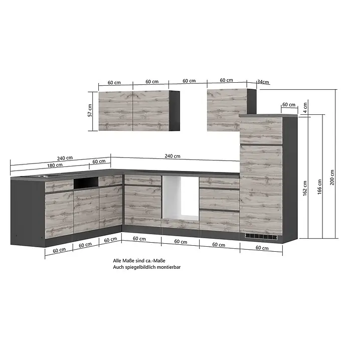 Held Möbel Küchenleerblock Catania Typ 4 - 240 x 300 cm, Eiche, Ohne Elektrogeräte - Modulare L-förmige Küchenzeile in Dunkelgrau und Holzoptik mit Spüle.