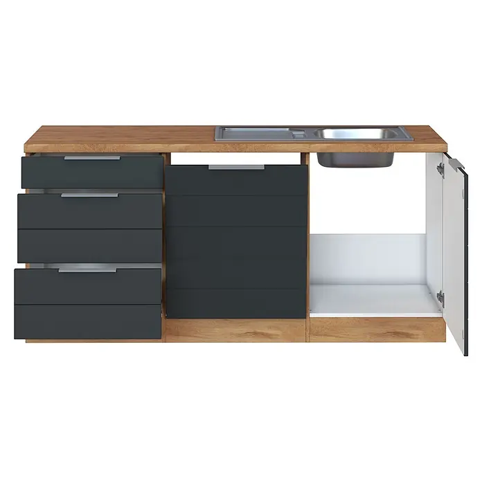 Held Möbel Küchenleerblock Genua Typ 1 - 240 x 180 cm, Grau, Ohne Elektrogeräte - Moderner Küchenunterschrank mit Holzplatte, Spüle, dunkelgrauen Schubladen und offener Schranktür.