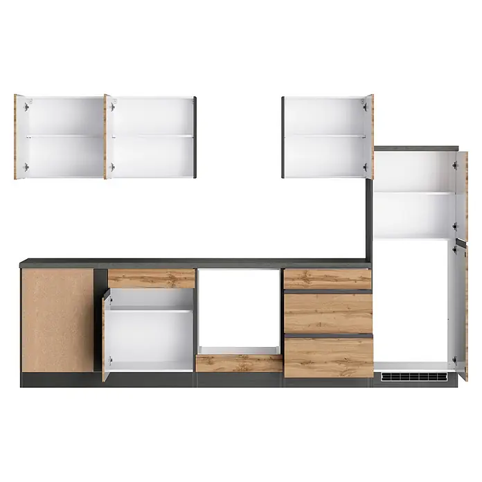 Held Möbel Küchenleerblock Catania Typ 2 - 240 x 300 cm, Eiche, Ohne Elektrogeräte - Moderne Küchenschrankkombination aus hellem Holz und Dunkelgrau, offene Türen zeigen weiße Einlegeböden.