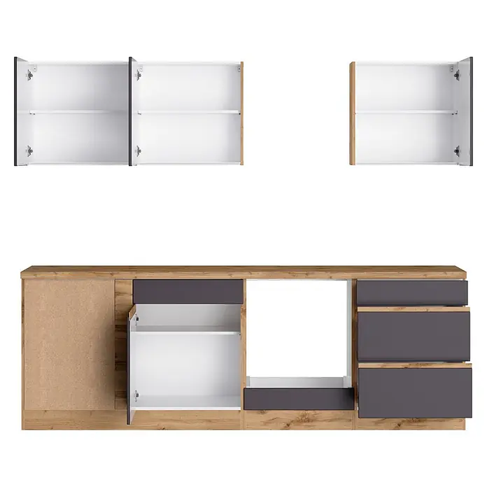 Held Möbel Küchenleerblock Catania Typ 3 - 240 x 240 cm, Graphite, Ohne Elektrogeräte - Modulare Küchenschränke mit Holzoptik-Akzenten, dunkelgrauen Türen/Schubladen und offenen weißen Innenräumen.