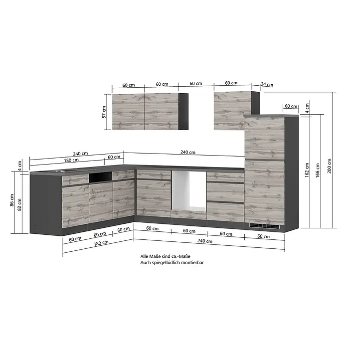 Held Möbel Küchenleerblock Catania Typ 2 - 240 x 300 cm, Graphite, Ohne Elektrogeräte - L-förmige Küchenzeile in heller Holzoptik und dunkler Arbeitsplatte, mit Spüle und Aussparungen für Geräte.